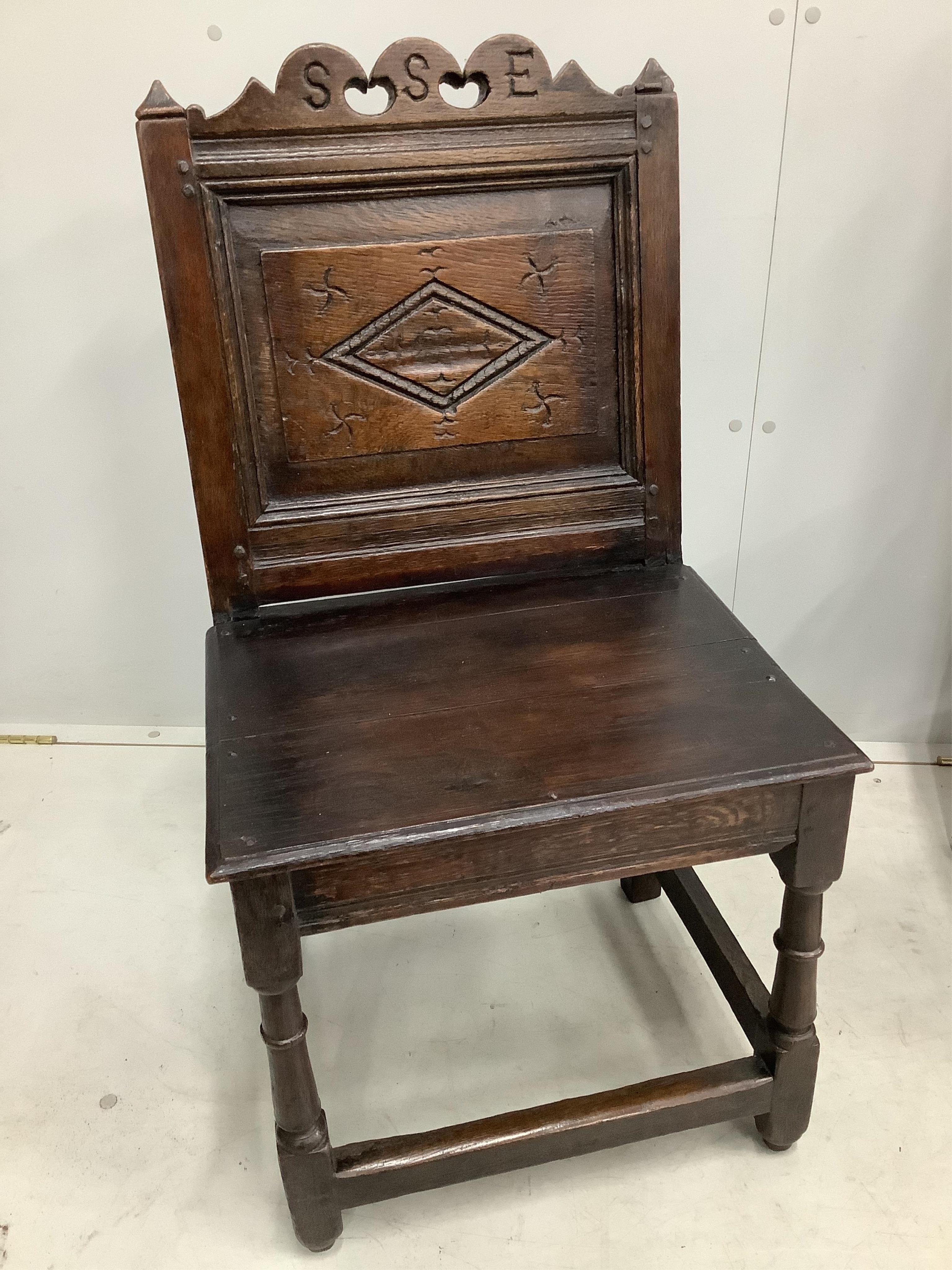 Three (two plus one) 17th / 18th century carved oak back stools, largest width 48cm, depth 38cm, height 97cm. Condition - fair